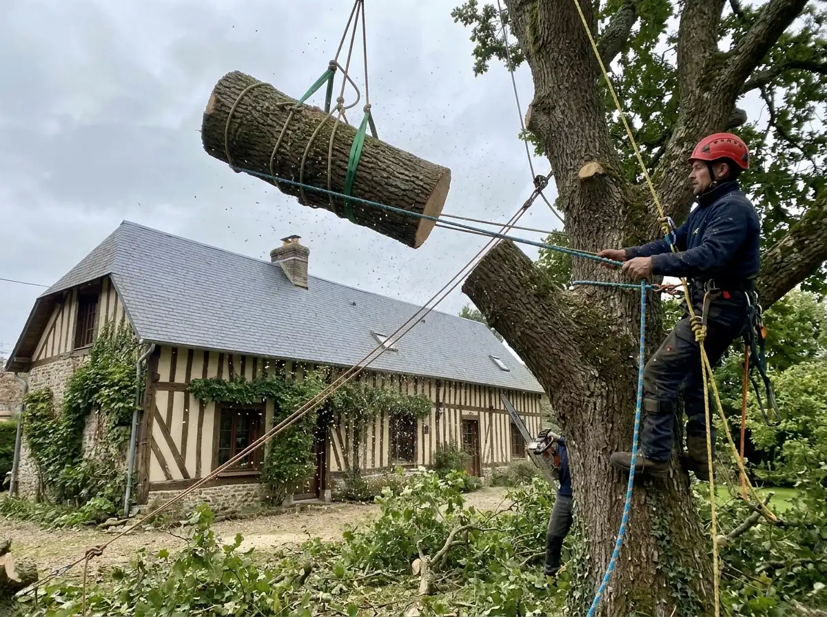 Démontage d'un arbre par sections près d'une maison