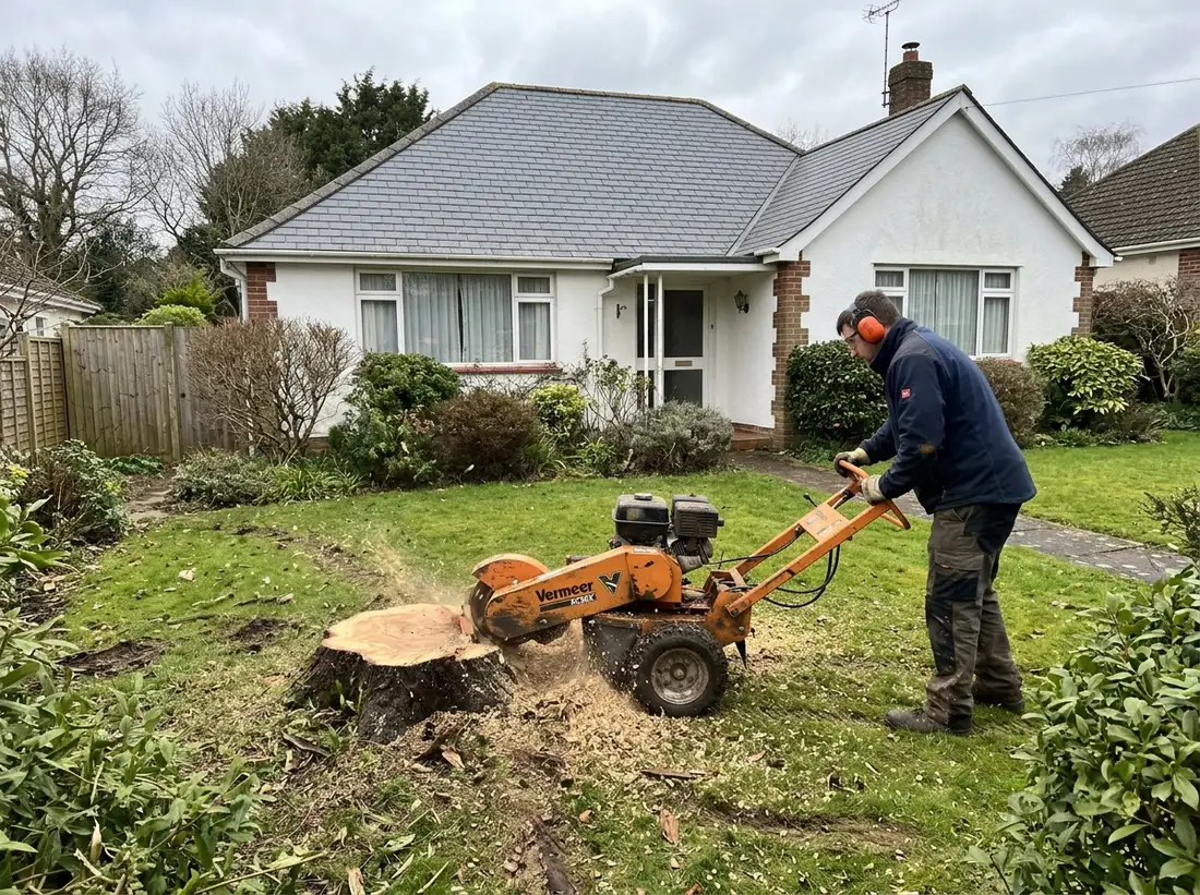Rognage d'une souche à la rogneuse dans un jardin